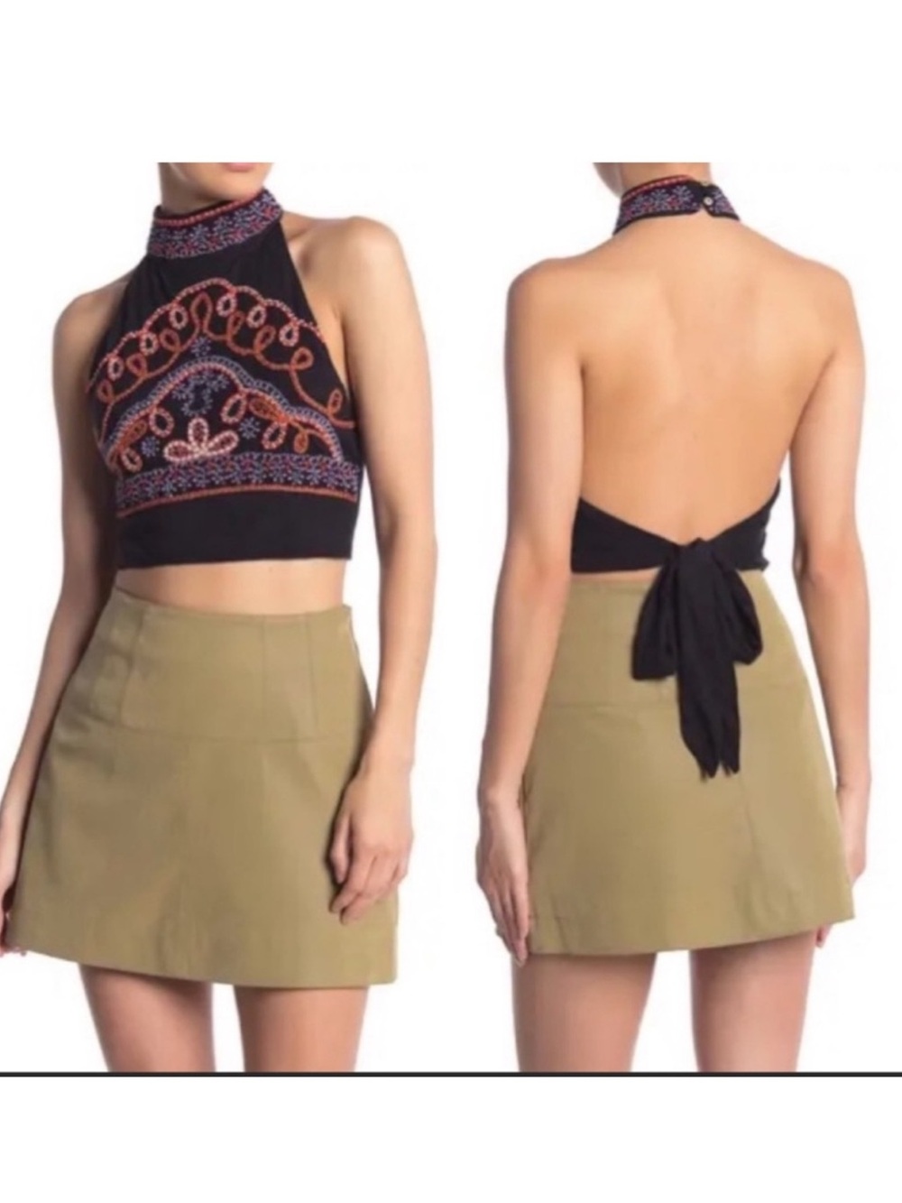 Free People Cotton Goa Embroidered Crop Halter Top Open Back Black Multi XS NWT